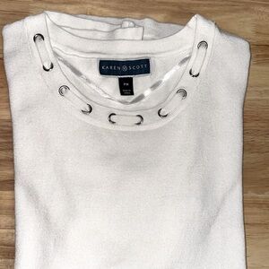 KAREN SCOTT-Knitted Sweater Size PM WHITE NWOT 3/4 Sleeves Neck Detail
